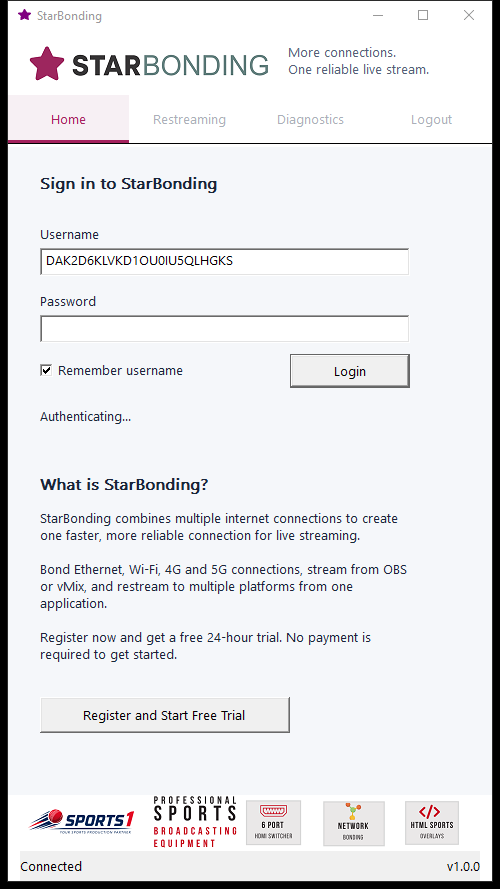 StarBonding sign-in screen