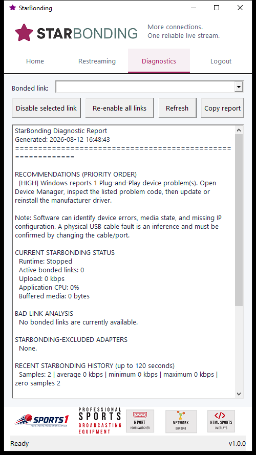 StarBonding diagnostics report screen