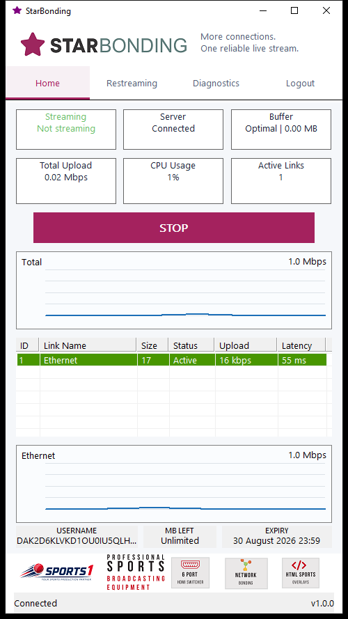 StarBonding dashboard with an active Ethernet link