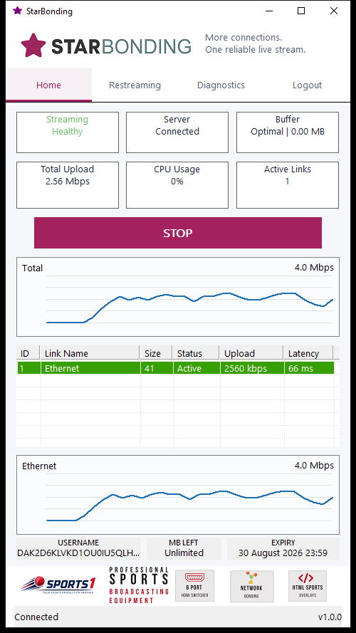 StarBonding dashboard showing a healthy live stream